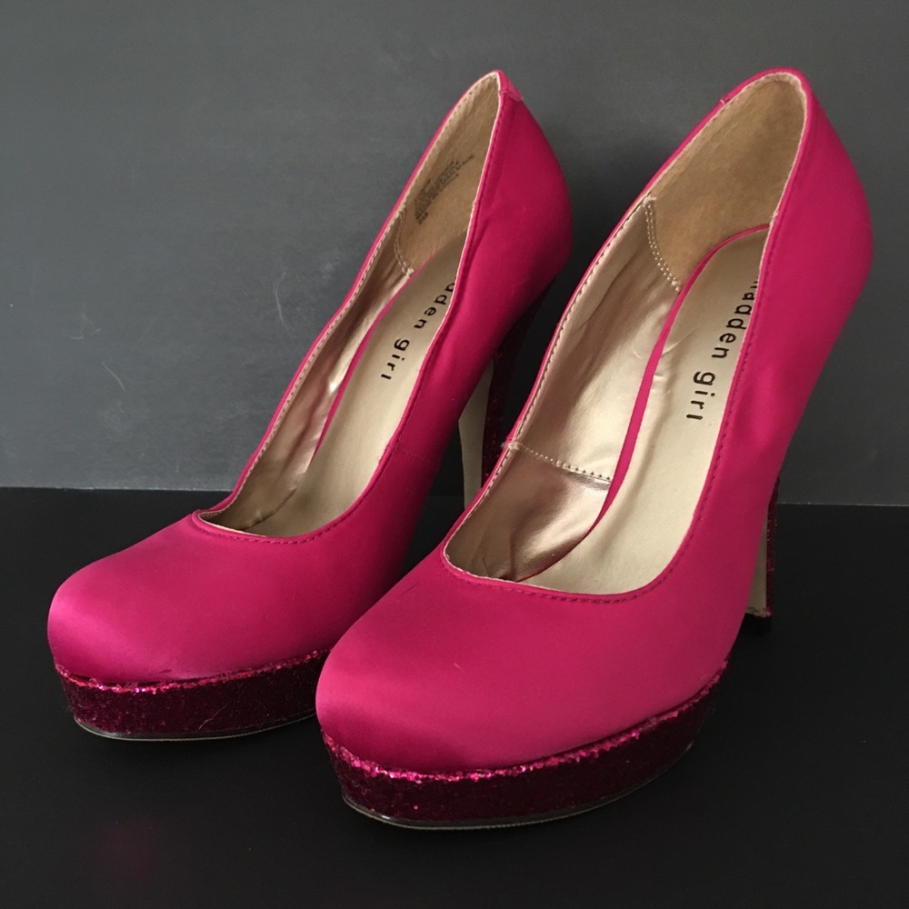 Madden Girl Toriie Heels Pink Fuchsia Fabric Glitter Platforms Sz 7.5 Closed Toe